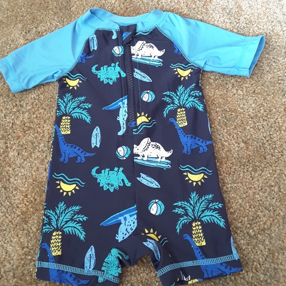 Old Navy blue swimwear onesie dinosaur theme 3-6mo
